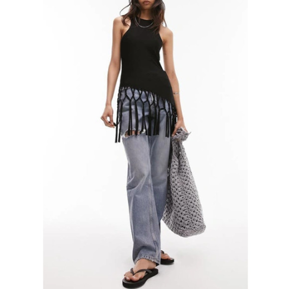 TOPSHOP NORDSTROM ~ Macrame Style Fringe Tank Top 4/6 BoHo Concert S - Picture 7 of 8